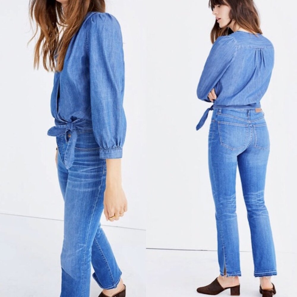 Madewell Denim Puff Sleeve Peplum Wrap Shirt Blouse